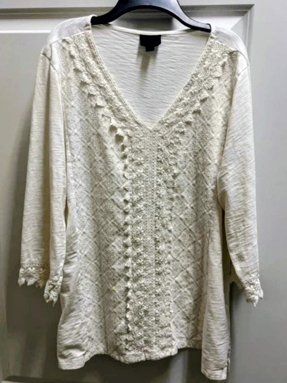 Cream V-Neck Crochet-Front Tunic Top